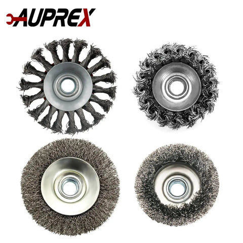 Four Pack Wire Wheel And Cup Brush Set For Four And A Half Inch Angle Grinder With Five Eighths Inch Eleven Threaded Arbor