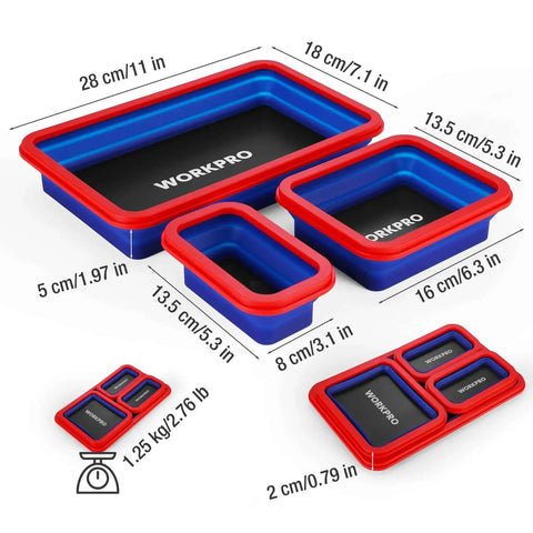 Four Piece Collapsible Magnetic Parts Tray Set With Dual Sided Magnets For Screws Nuts Pins Foldable Bolt Tray For Garage Or On The Go shown collapsed and expanded with size measurements.
