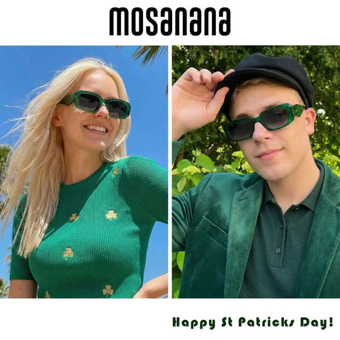 Trendy Rectangle Sunglasses For Women And Men In Green Dark Vintage Retro Style 90s Inspired Cool Funky Small Chunky Frames With UV400 Protection worn by a woman in a green top and a man in a green jacket and hat, outdoors.