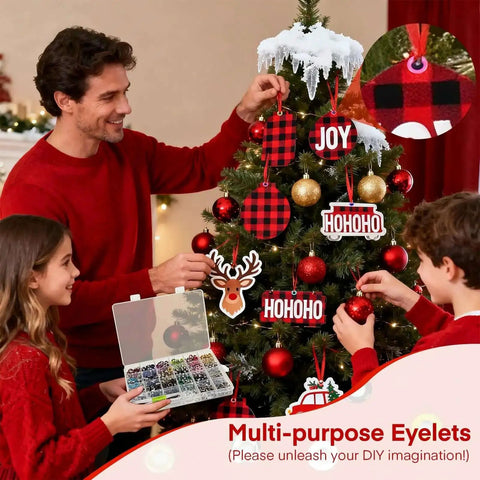 Family decorating Christmas tree with Colorful Grommet and Eyelet Kit, 680 pieces in 17 colors, three sixteenths inch metal eyelets.