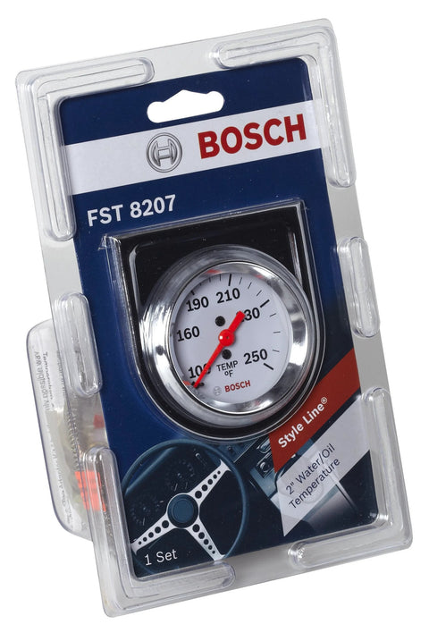 Bosch 2-inch Style Line mechanical water/oil temperature gauge, white dial, chrome bezel in packaging