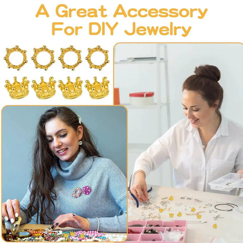 Collage of 60 Pcs Crown Charms Set In Gold And Silver For DIY Jewelry Making Crafts, featuring crafting scenes and charm details.