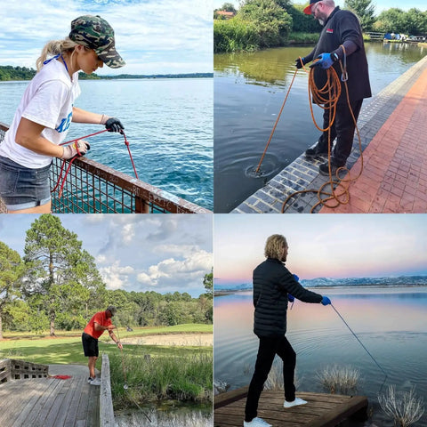 People using Heavy Duty N52 Neodymium Magnet Fishing Kit With 500 Lb Pull And 20 Meter Rope by various water locations.