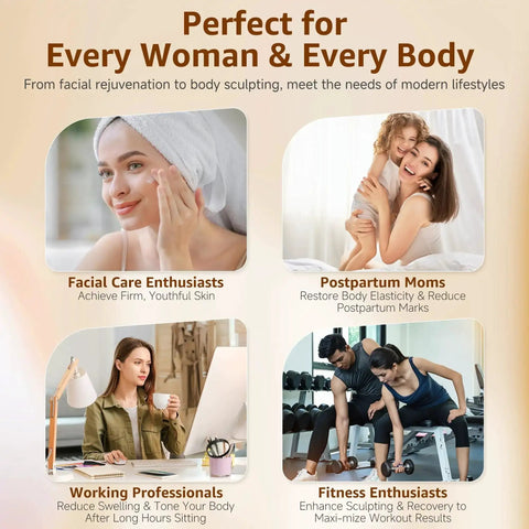 Collage showing women enjoying skincare, postpartum care, work relaxation, and fitness workouts