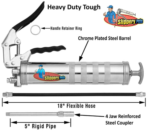 Pistol Grip Grease Gun Workhorse with heavy duty steel build, balloon plunger technology, 18 inch hose, chrome plated barrel.