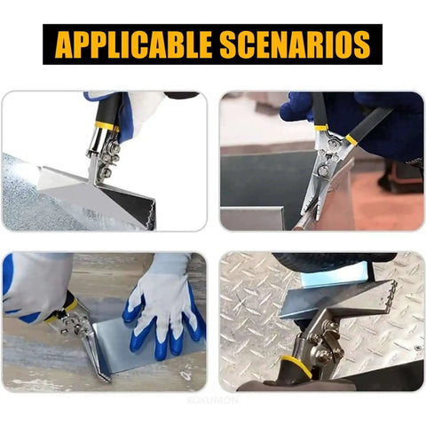 Collage showing Beefy Pro Grade Sheet Metal Clamp With Manual Sealing And Bending Pliers Set in use on various metal projects