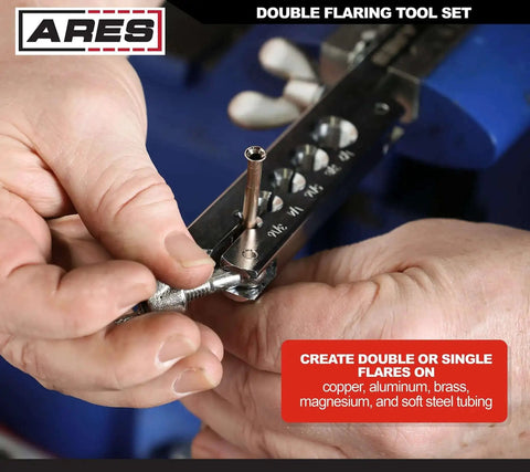 Using heavy duty double flaring tool set with extra adapters for copper aluminum soft steel brake lines and brass tubing close-up