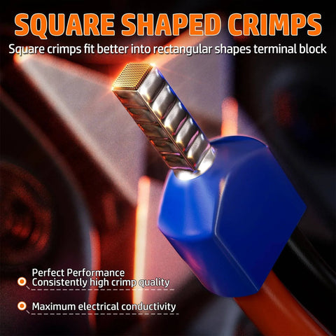 Square shaped crimp from Self Adjusting Ratchet Wire Crimping Kit With 1750 Tinned Copper Ferrule Terminals, close-up view.