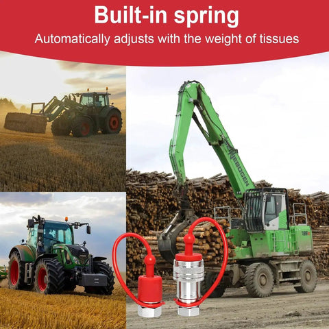 Two Pack One Half Inch Agricultural Hydraulic Quick Connect Couplers With Dust Caps ISO 5675 Pioneer Poppet Style shown with tractors and loaders