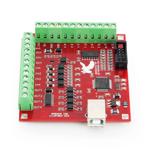 4 Axis USB Mach3 CNC Controller Card With 100KHz Plug And Play Breakout Board Red, top view showing connections for CNC routers and machines.