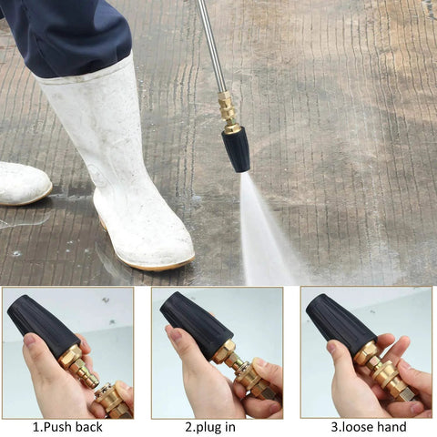 Turbo Nozzle Pressure Washer Kit With 7 Spray Tips 1 Quarter Inch Quick Connector Up To 4000 PSI Pivoting Coupler For 180 Degree Rotation And Rotating Nozzle Tip Set Mudder being used on a wooden surface.