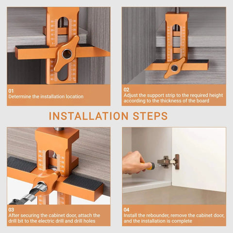 Installation of Cabinet Door Mounting Jig With Adjustable Positioner Aluminum Alloy Cabinet Hardware Jig for accurate alignment