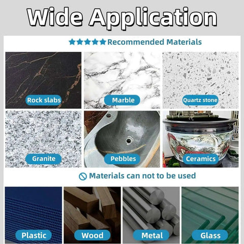 Image showing recommended materials for Ultra Durable Double Layer Brazed Diamond Core Drill Bit For Porcelain Tile Ceramic Stone Granite Marble Washbasin Drilling With Chip Removal Hole Design Fast Cutting And Long Wear Ideal For Home DIY And Professional Use MiJunHD, including rock slabs, marble, quartz stone, granite, and ceramics. Materials not to be used are plastic, wood, metal, glass.