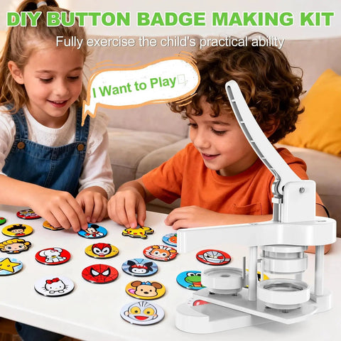 Front view of button badge maker machine, white plastic, 58mm, on table with round badges; kids crafting at home.