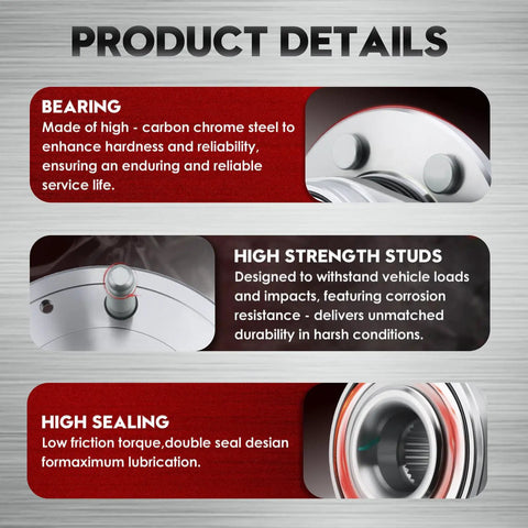 Product details of Front Wheel Bearing Hub Assembly With ABS 2WD Drop In Fit For 2007 Through 2014 Escalade ESV showing material and features.