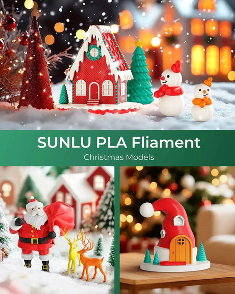 Christmas models made with SUNLU PLA filament, featuring a holiday village scene with Santa, snowmen, and festive decorations.
