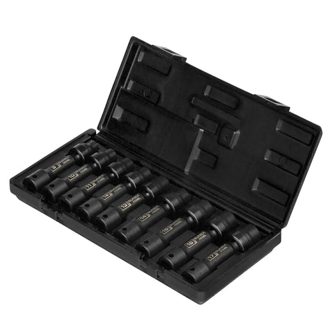 Open heavy duty case showing Limited Clearance 1/2 Inch Drive Socket Set, 12 Point, 9 Piece, Metric 8mm To 17mm, Cr-Mo Steel