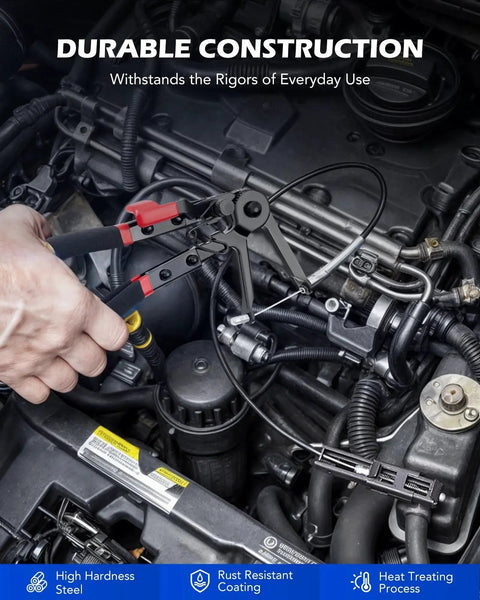 Mechanic using 9 Piece Hose Clamp Pliers Set With Long Reach Swivel Jaw And Flat Band Pliers on car engine