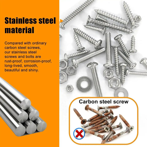Stainless steel and carbon steel screws and bolts from 2002 PC Hardware Assortment Kit With SAE And Metric Stainless Steel Screws Nuts Bolts And Washers In A Double Sided Organizer Box Includes 6-32 8-32 10-24 And M3 M4 M5 M6 M8 Size Screws Phillips Pan Head Self-Tapping Wood Screws Tons Of Hardware displayed on white background.