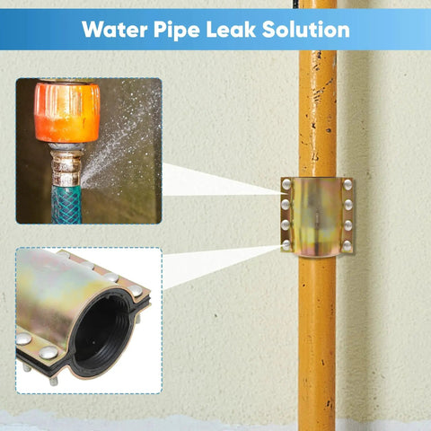 Emergency 4 Inch Water Pipe Repair Clamp Kit for leaks and quick fixes shown sealing a pipe with leak. Heavy duty leak sealer tool.