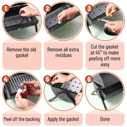 UNCO smoker gasket, 2-pack, 15 ft, 1/2 in x 1/8 in, black, high-temp; step-by-step installation guide.