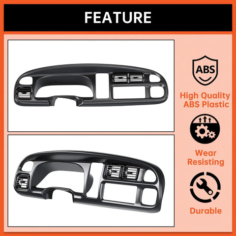 Two views of Dodge Ram Dash Bezel Cover For 1998-2002 1500 2500 3500 Instrument Cluster in black ABS plastic.