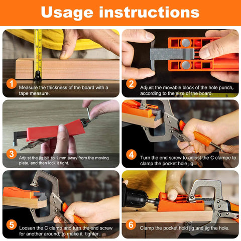 Step-by-step usage instructions for All In One Pocket Hole Jig Kit With 11 Inch Clamp Square Driver Bit Hex Wrench