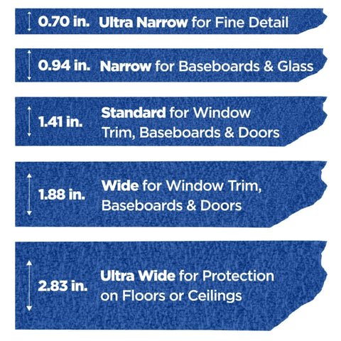 Various widths of blue masking tape with size labels from 0.70 in to 2.83 in for different surfaces. Multi Surface Painter Tape 1 Inch Wide.