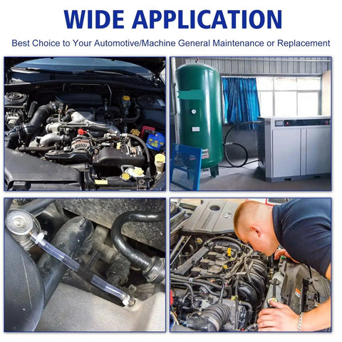 All Size Automotive Silicone Vacuum Hose Kit With 1/8 to 3/8 Inch Tubes Includes 6 Five Foot Hoses And 126 Nylon Vacuum Connectors In 13 Sizes Red Built For Quick DIY Friendly Engine Vacuum Tubing Upgrades displayed in various automotive applications and engine setups.
