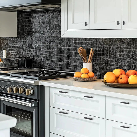 Modern kitchen with white cabinets featuring 2 Pack Black Cabinet Knobs 2 Inch Overall Length Single Hole Drawer Handles Matte Black Finish