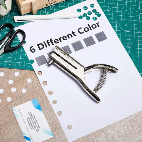 Heavy Duty Hole Punch With Long Reach And Deep Throat For Easy Low Effort Punching Three Eighth Inch Circular Hole Two Inch Throw Single One Hole Puncher Handheld Alloy Punch For ID PVC Cards 25 Sheet Capacity Five Inch Tall on a desk