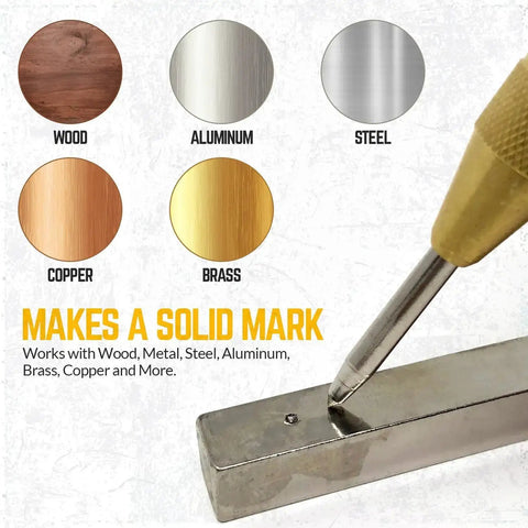 Spring Loaded Brass Center Punch Auto 5 Inch creating marks on metal, showing compatibility with wood, aluminum, steel, copper, brass.