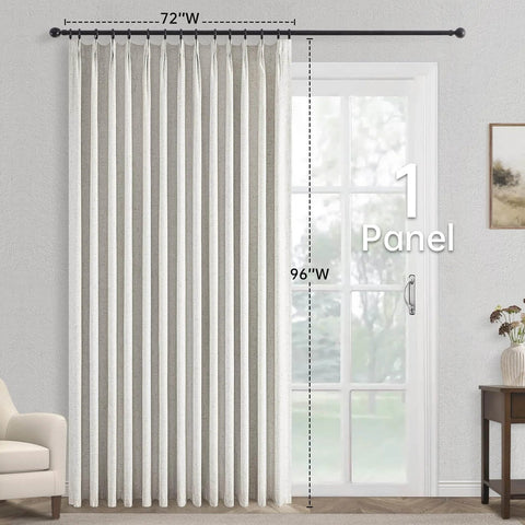 Extra Wide Blackout Linen Drapery Panel With Hooks, Pinch Pleat Curtains For Patio Sliding Doors And Large Windows, 72 By 96 Inches One Panel installed in living room