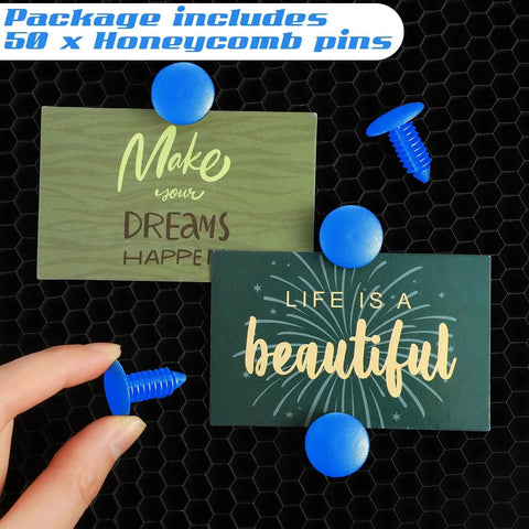 Blue Honeycomb Laser Bed Pins Set, 50 Pieces Of 7.5 To 8 Mm Hold Down Pins displayed with cards on honeycomb surface
