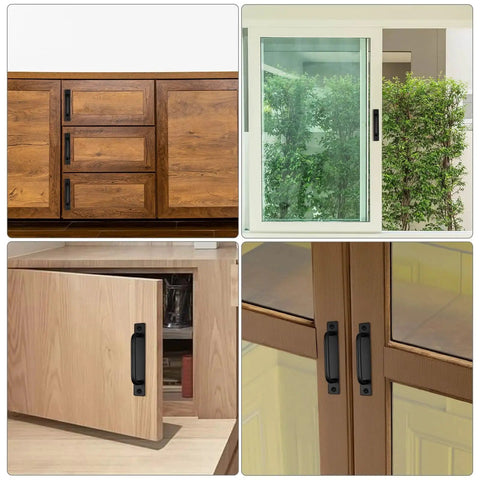 16 Pack Barn Door Handles With Screws For Quick Install, showing black aluminum pulls on cabinet and sliding door, 5.8 inch size