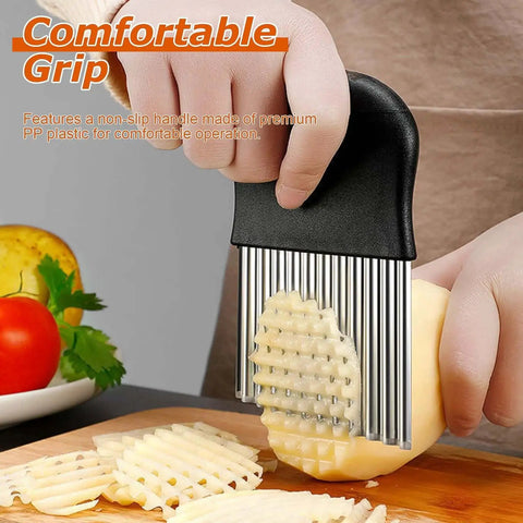 Waffle Fry Cutter And Crinkle Cut Knife Set 2 Pack Stainless Steel Wave Blade slicing a potato for waffle fries on cutting board.