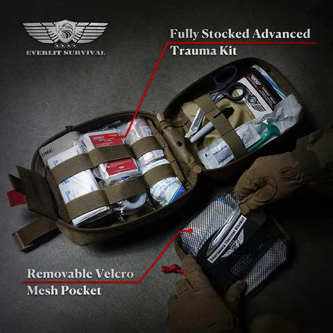 Open view of Advanced Outdoor Trauma Kit with CAT Gen 7 Tourniquet, military pouch, and medical supplies for emergency situations