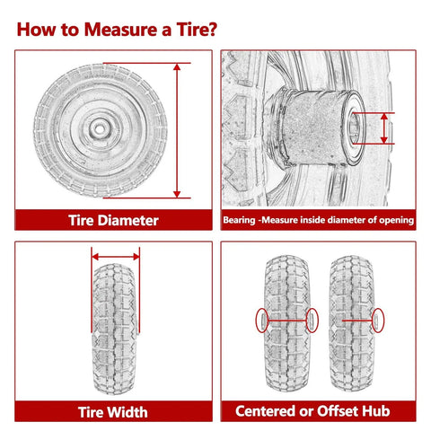 How to measure 10 Inch Solid Rubber Wheel Replacement dimensions, including diameter and offset hub details for hand trucks and carts.