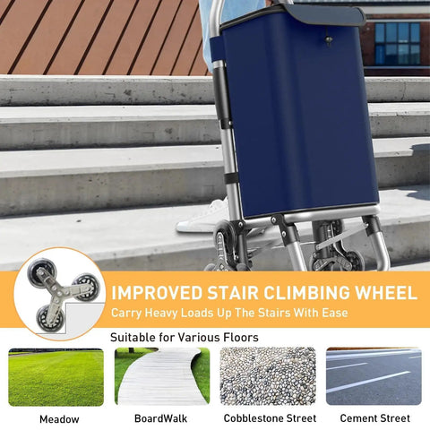 Heavy Duty 3 In 1 Folding Shopping Cart With 6 Wheels And 110 Lb Capacity Portable Hand Truck Waterproof Bag on stairs