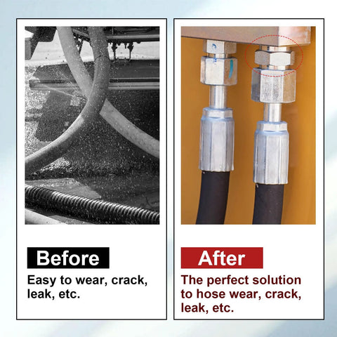 Two M14 to M14 carbon steel hydraulic hose adapters with fittings; shown in a before/after comparison.