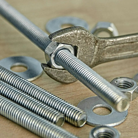 Close-up of 304 Stainless Steel Fully Threaded Rod 3 8 16 UNC 1.6 Inch 15 Pieces with wrench and washers