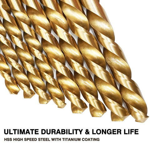 Close-up of titanium coated HSS drill bits from High Quality 99 Piece Drill Bit Set With 135 Degree Titanium Coated HSS Bits For Iron Aluminum Copper Wood And Plastic In A Solid Hard Storage Case 1 Sixteenth Inch To 3 Eighths Inch GMTOOLS
