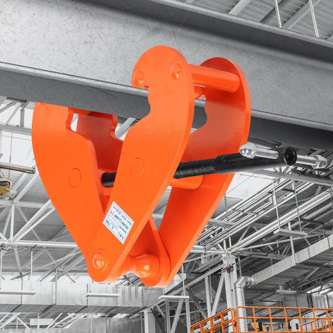 Heavy Duty Vertical I Beam Lifting Clamp With 11,000 Lbs Capacity installed on a beam, showing bright orange durable steel construction.