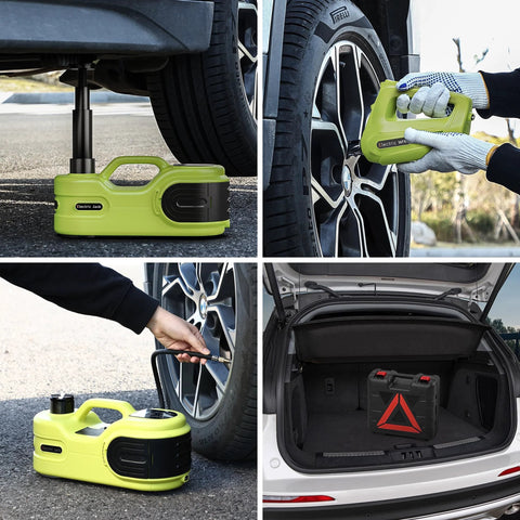 Simtamy electric car jack kit, lime-green 12V hydraulic lift under car, front view
Simtamy electric car jack kit in use; gloved hands operate LCD touchscreen 12V lift
Side view of jack on pavement beside wheel with handle and air pump
Open trunk showing jack kit storage case with red triangle warning sign