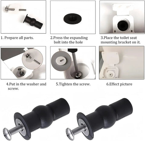 Universal 2 Piece Toilet Seat Hinges Screws Replacement Kit With Metal Hinges and Bolts installation guide and rubber nuts