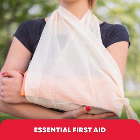 Home First Aid Triangle Bandage Set 40 By 40 By 56 Inches, 12 Count, 100 Percent Cotton in use as arm sling