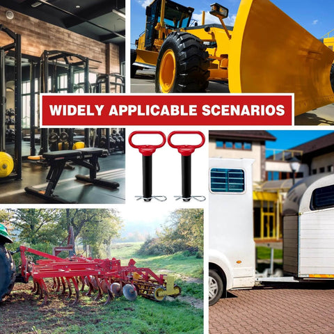 Collage showing fitness equipment, construction vehicles, agriculture machinery, and trailer with 2 Pack 1 Inch Clevis Hitch Pins With Red Rubber Coated Handle And 3.35 Inch R Clip Black Powder Coated For Ball Mounts ATV And Hitch Accessories Durable U Shaped Clamp Pins For Secure Quick Release