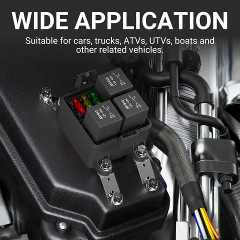 12V Three Way Waterproof Relay Box With Pre Wired Fuses And Relays installed in engine, showcasing 3x4 pin, 40A relay, ATC ATO fuses.