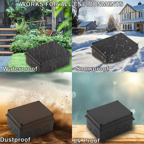 Outdoor IP65 Waterproof Electrical Junction Box in Tough ABS Plastic, showcasing weatherproofing features like waterproof, snowproof, dustproof, and UV proof environments in garden, snow, dust, and UV conditions.