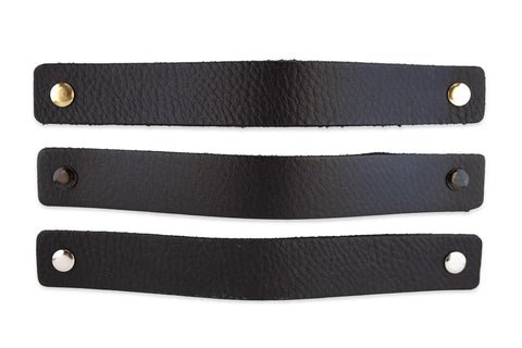 Black Leather Drawer Pulls 2 Piece Set Measuring 7 7/8 By 1 1/2 Inches Leather Handles For Cabinets And Dressers with metallic accents.